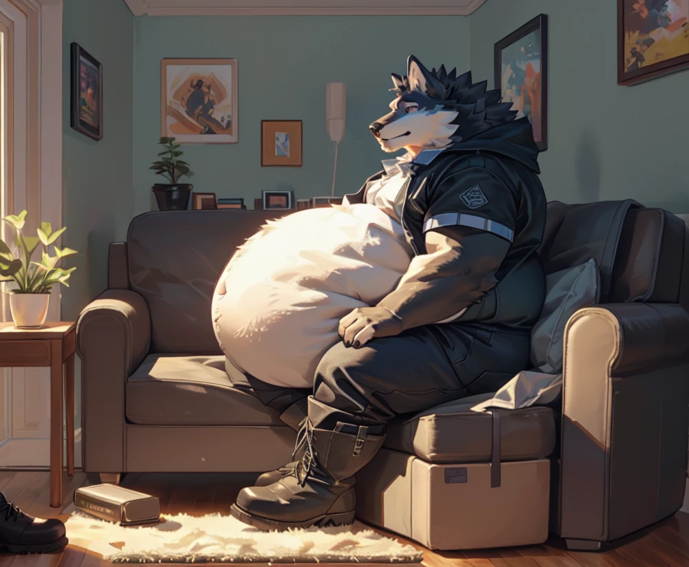 Very Extremely obese Wolf with very extremely massive belly, wears boots, lazily sleeps on small sofa, belly so big it pushes floor, living room background, side view, extremely massive belly, highest quality. 