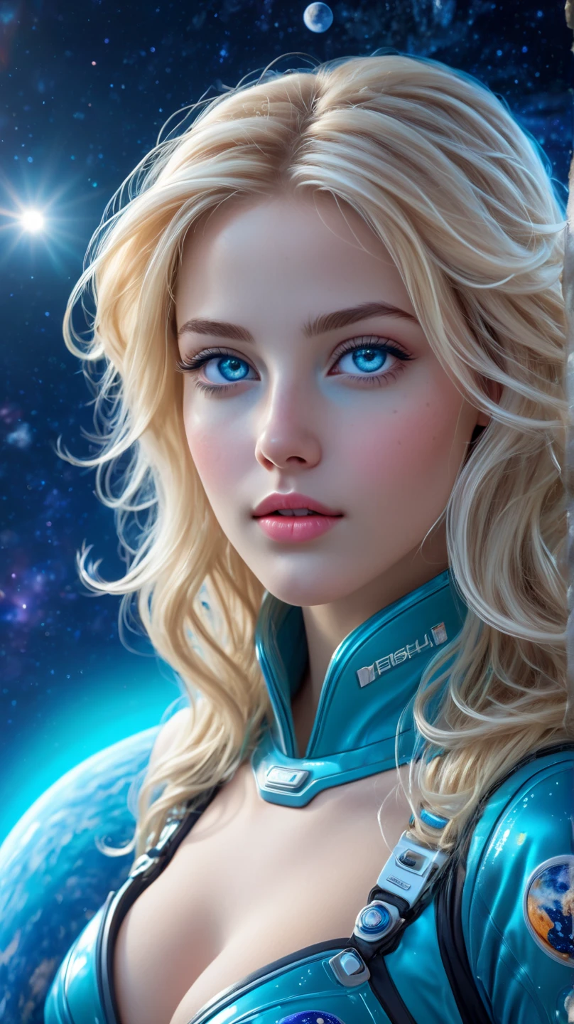 ultra-realistic,  An unrealistically beautiful blonde ,  with long hair ,  with ocean eyes  , transition from dark blue to turquoise , lively eyes , plump lips,  neat nose, blush,  European face type , gorgeous figure,  is wearing a tight space suit,  beautifully detailed , standing on the moon ,  in the background, space ,planets,galaxies,Milky Way,  Clear Detail , masterpiece, fantastic , unreal, ultra-realistic, 16K 