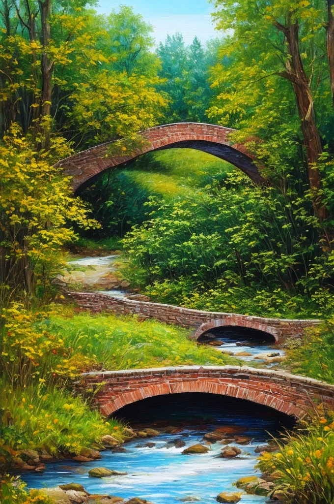 Painting a small brick Arc overbridge by a stream, background woods, realistic replies, whimsical art, oil painting style, ultra high definition, very intricate brush strokes, insane painting details, 