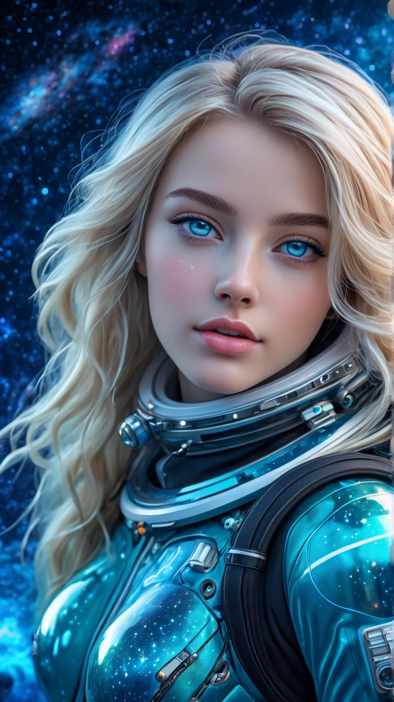 ultra-realistic,  An unrealistically beautiful blonde ,  with long hair ,  with ocean eyes  , transition from dark blue to turquoise , lively eyes , plump lips,  neat nose, blush,  European face type , gorgeous figure,  is wearing a tight space suit,  beautifully detailed , standing on the moon ,  in the background, space ,planets,galaxies,Milky Way,  Clear Detail , masterpiece, fantastic , unreal, ultra-realistic, 16K 