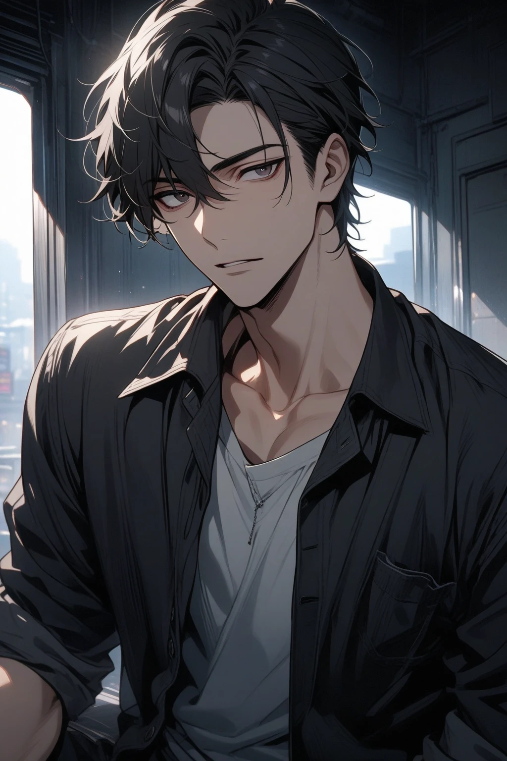 Man, handsome, short black hair, dark eyes, shirt