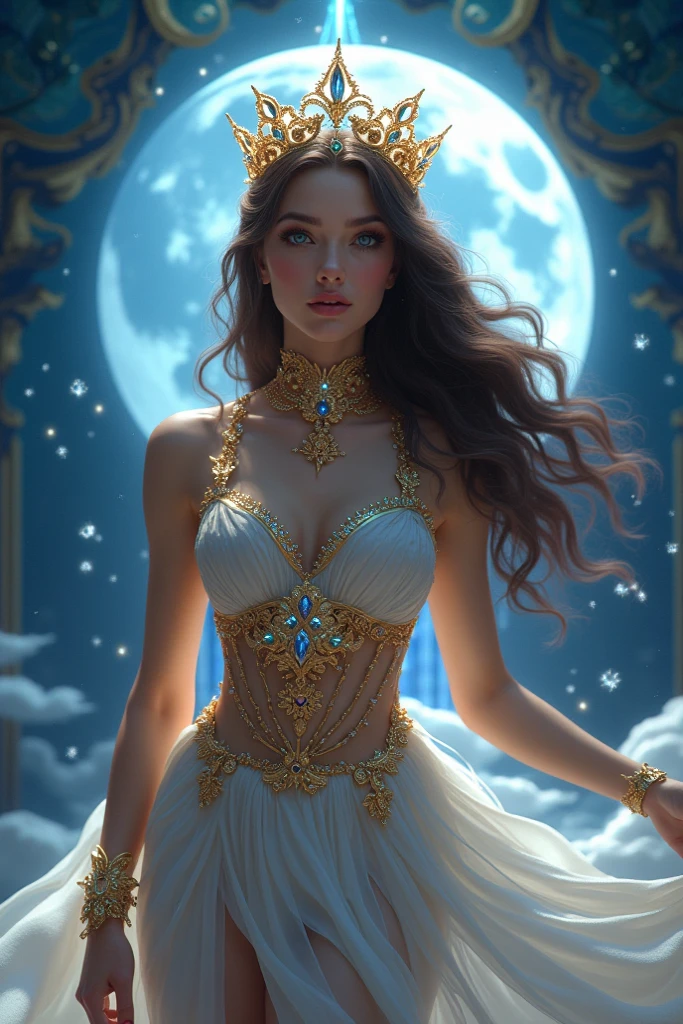 (best images quality),(Extremely detailed description),(Movie lighting),(the Lion:1.5),Beautuful Women(Leo),(Very detailed details of the face),(Keep the girl intact),(The girl's body should not be covered),(Keep the girl presenting the original drawing style and painting characteristics),(There is a lion next to the girl:1.5),(the Lion(Small size:1.3)The location is in the upper right corner of the girl),Blue starry sky,rays of moonlight,As estrelas(Twinkle),universe background,garments(blingbling),(tmasterpiece),(Spectacular effect)。