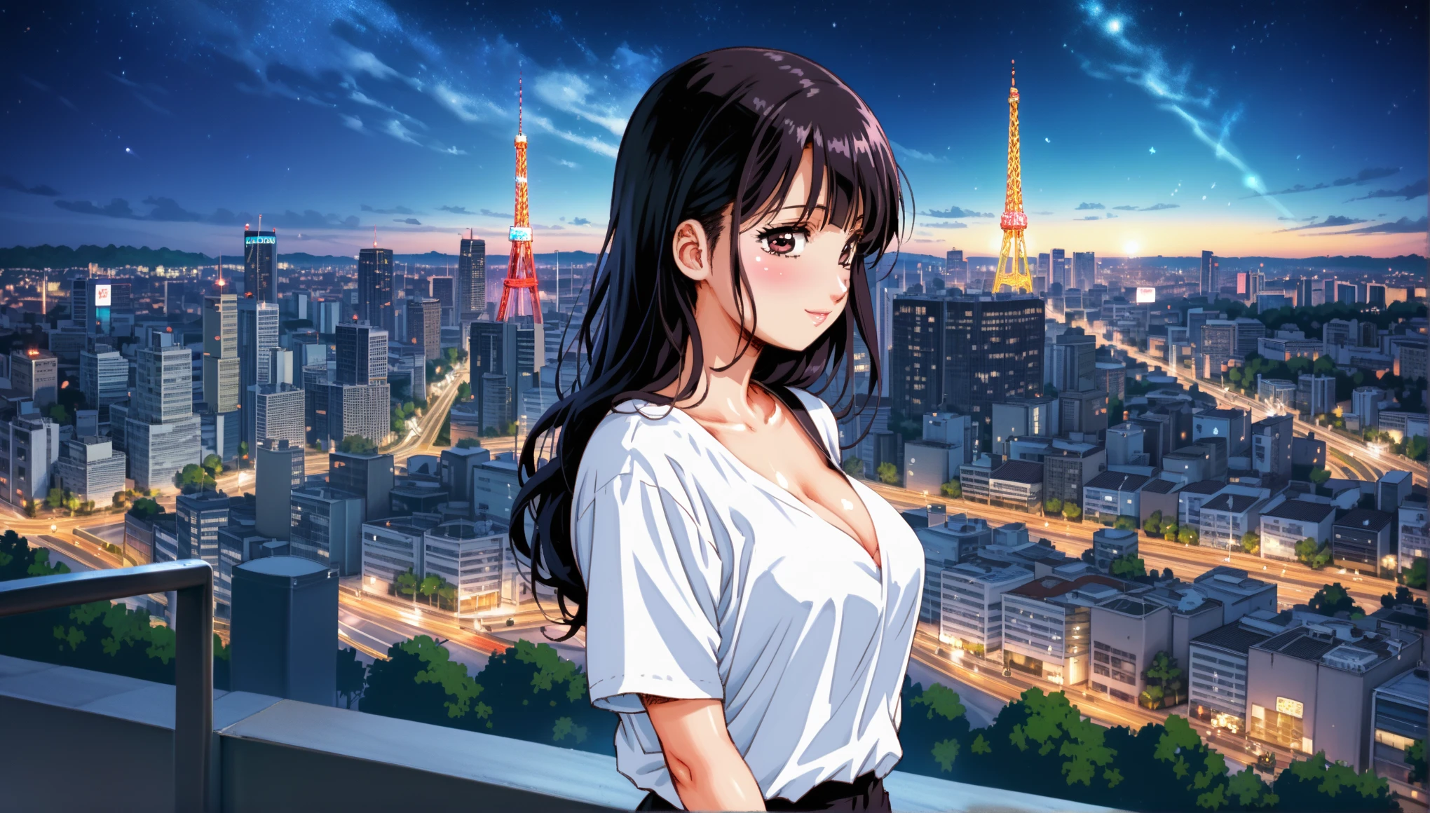 Anime girl standing on a balcony overlooking the city at night,  Official Artwork,  Official Art,   anime best girl  , Official illustrations, Anime PostersMovie StillsPortrait,  sexy anime girls ,   Anime Moe Art Style ,  Tokyo Anime Scene ,  detailed anime vagina  ,  Visual Novel Key Visual , Anime scene photos anime colored paper , Makoto Shinkai style,  Official Artwork hdr