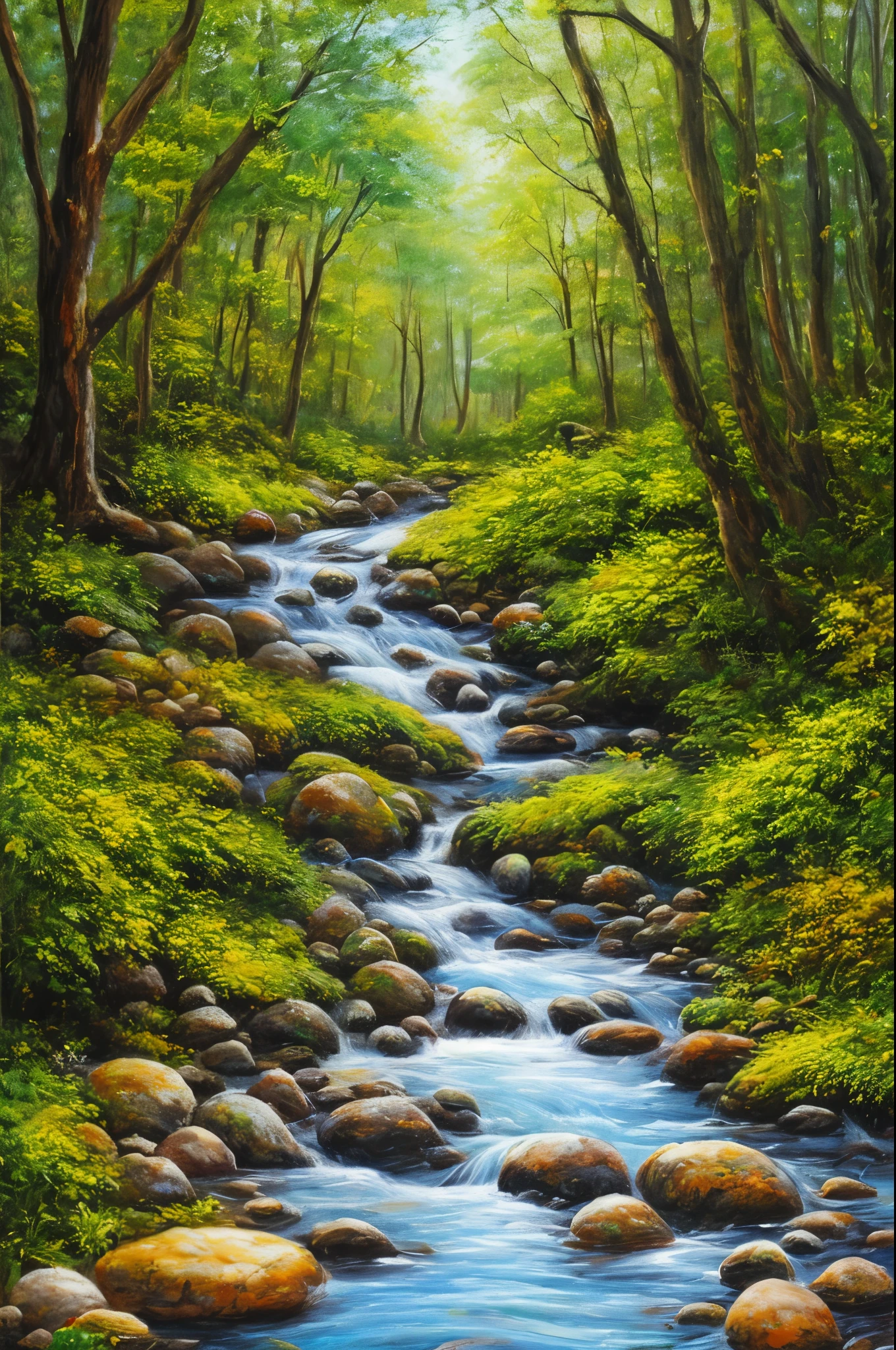Painting of a stream flowing through the forest, rocks, pebbles, , background woods, realistic replies, whimsical art, oil painting style, ultra high definition, very intricate brush strokes, insane painting details,