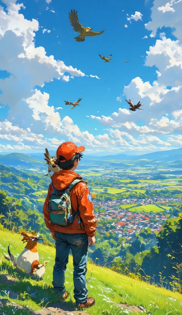 An anime style illustration of pokemon. A boy with a red cap, red jacket, jeans, and a backpack looking onwards toward the lush green field with a town nearby. The boy has a pokemon on his shoulder. A few different pokemon birds are flying in the sky. The color is vivid. The atmosphere is fun and adventurous.