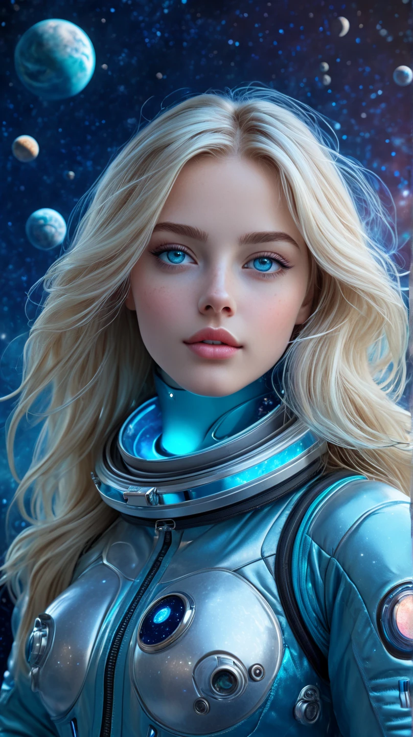 ultra-realistic,  An unrealistically beautiful blonde ,  with long hair ,  with ocean eyes  , transition from dark blue to turquoise , lively eyes , plump lips,  neat nose, blush,  European face type , gorgeous figure,  is wearing a tight space suit,  beautifully detailed , stands on the moon at full height,  in the background, space ,planets,galaxies,Milky Way,  Clear Detail , masterpiece, fantastic , unreal, ultra-realistic, 16K 