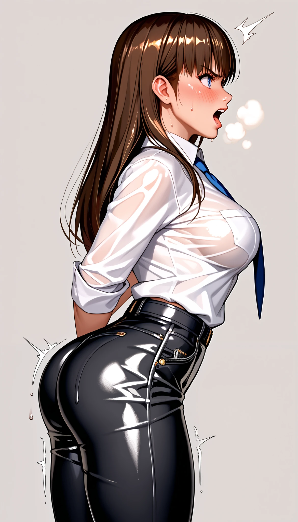 DOALeiFang, LeiFangDOA, gasp, 1girl, 1male, {{ Man with girl's butt }}, shiny black pants, shiny white business shirt, arm-behind-back, {{ and bend your body backwards }}, OL, be breathless, sweat, sparkling sweat, trembling, long brown straight hair, breasts, [[angry]], blush, {anguish}, {{shameful}}, from side,