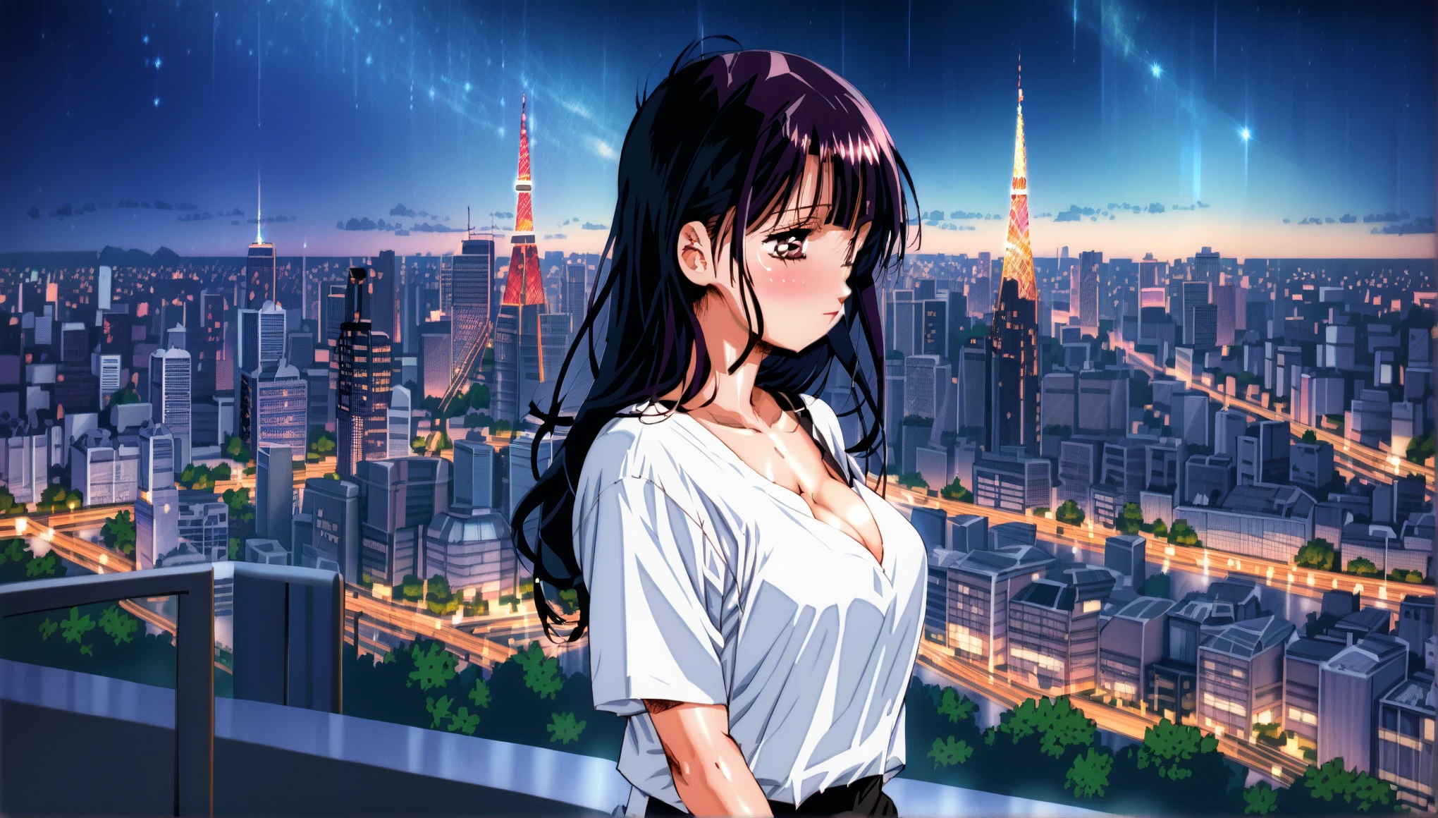 Anime girl standing on a balcony overlooking the city at night,  Official Artwork,  Official Art,   anime best girl  , Official illustrations, Anime PostersMovie StillsPortrait,  sexy anime girls ,   Anime Moe Art Style ,  Tokyo Anime Scene ,  detailed anime vagina  ,  Visual Novel Key Visual , Anime scene photos anime colored paper , Makoto Shinkai style,  Official Artwork hdr