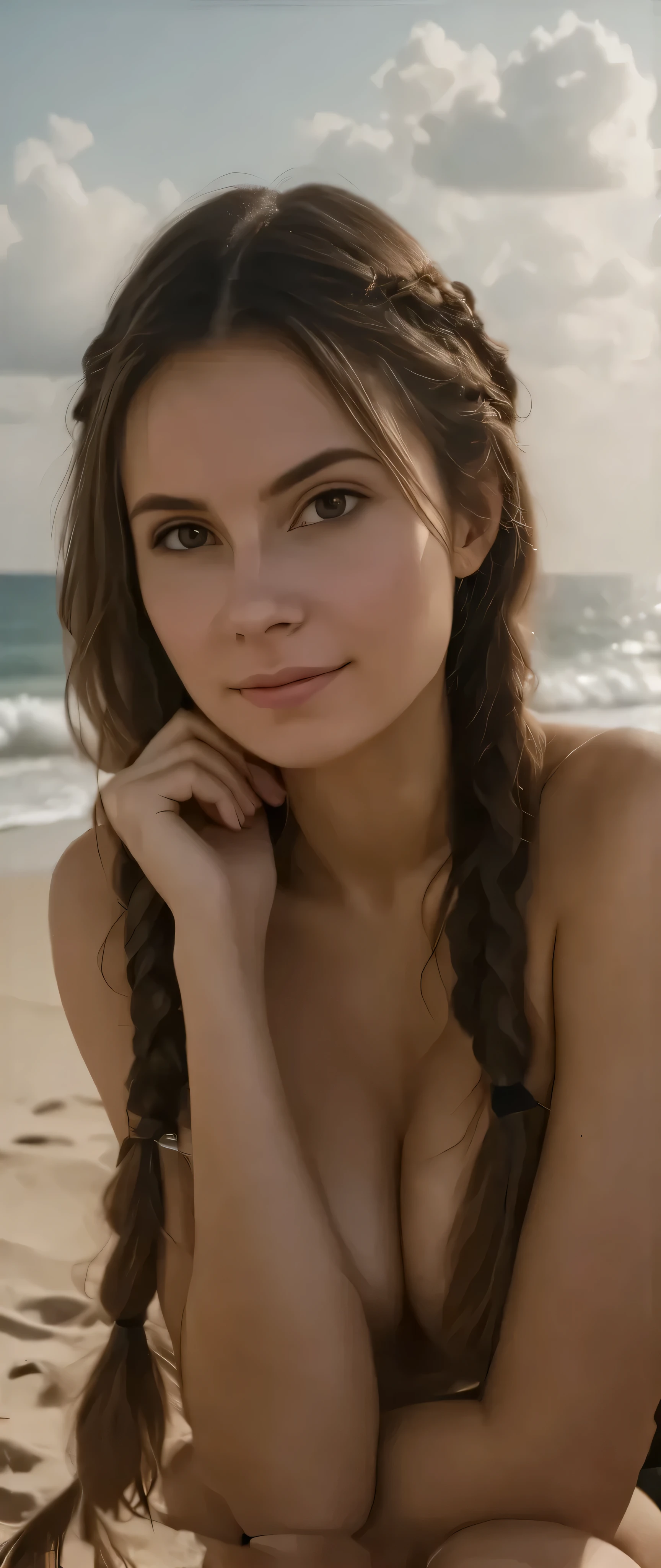 sfw:2,a beautiful girl on a sandy beach, long brown hair, ocean waves in the background, warm sunlight, looking at the camera with a serene expression, (best quality,4k,8k,highres,masterpiece:1.2),ultra-detailed,(realistic,photorealistic,photo-realistic:1.37),detailed face,beautiful detailed eyes,beautiful detailed lips,extremely detailed eyes and face,longeyelashes,dynamic pose,golden hour lighting,vibrant colors,cinematic composition