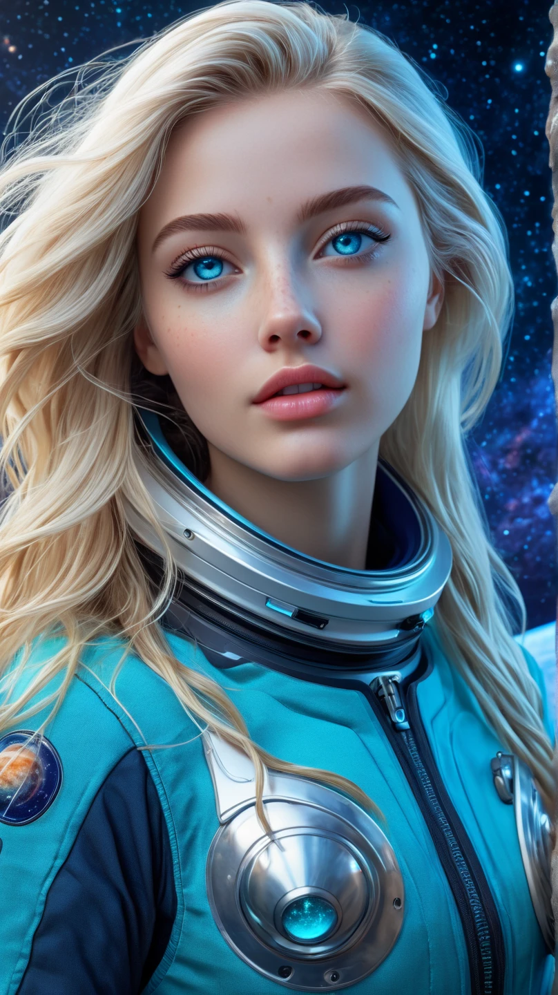 ultra-realistic,  An unrealistically beautiful blonde ,  with long hair ,  with ocean eyes  , transition from dark blue to turquoise , lively eyes , plump lips,  neat nose, blush,  European face type , gorgeous figure,  is wearing a tight space suit,  beautifully detailed , stands on the moon at full height,  in the background, space ,planets,galaxies,Milky Way,  Clear Detail , masterpiece, fantastic , unreal, ultra-realistic, 16K 