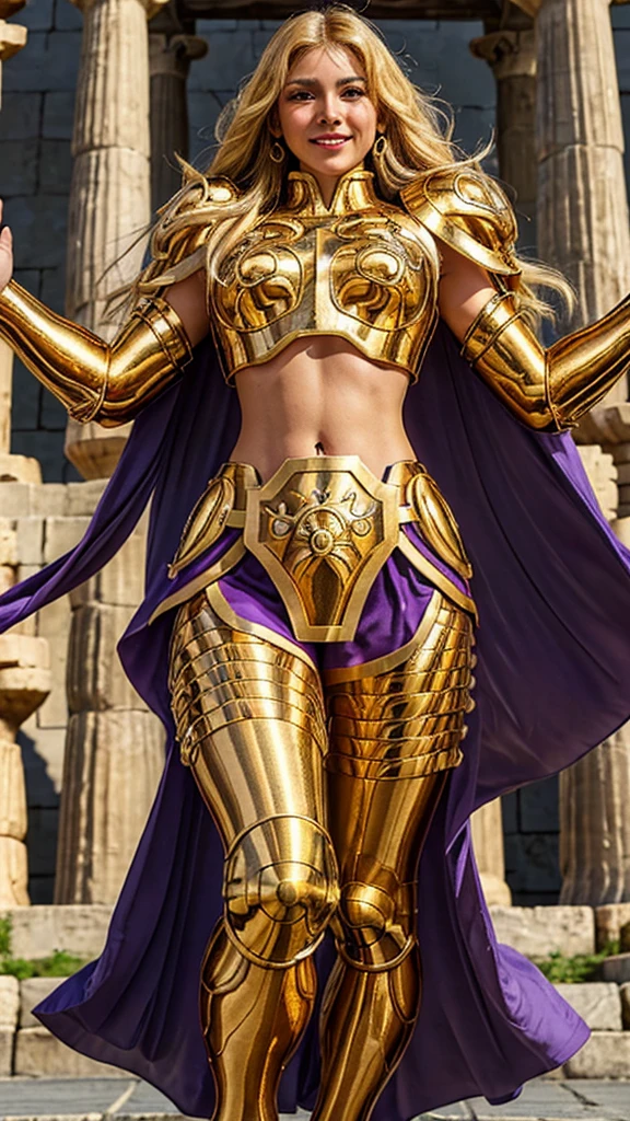 Beautiful European woman, expression, Long violet hair, (motion blur: 1.3), An extraordinarily beautiful face (Highly detailed and intricately designed golden armor.、Glittering gold、Saint Seiya Armor, sexy, Show off your sexy waistline, ((Show off a little sexy legs)), Perfectly defined muscles,  Blonde hair、Strong jaw, Ready for battle、Radiant aura、masterpiece、8k resolution、highest quality、Dynamic angle、cinematic lighting、Half body shot, Smile and cross your arms on the Athena temple