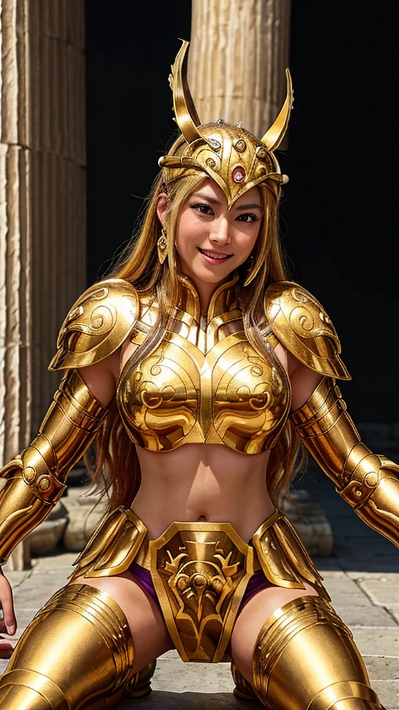 Beautiful Asian woman, expression, Long violet hair, (motion blur: 1.3), An extraordinarily beautiful face (Highly detailed and intricately designed golden armor.、Glittering gold、Saint Seiya Armor, sexy, Show off your sexy waistline, ((Show off a little sexy legs)), Perfectly defined muscles,  Blonde hair、Strong jaw, Ready for battle、Radiant aura、masterpiece、8k resolution、highest quality、Dynamic angle、cinematic lighting、Half body shot, Smile and cross your arms on the Athena temple, highly detailed