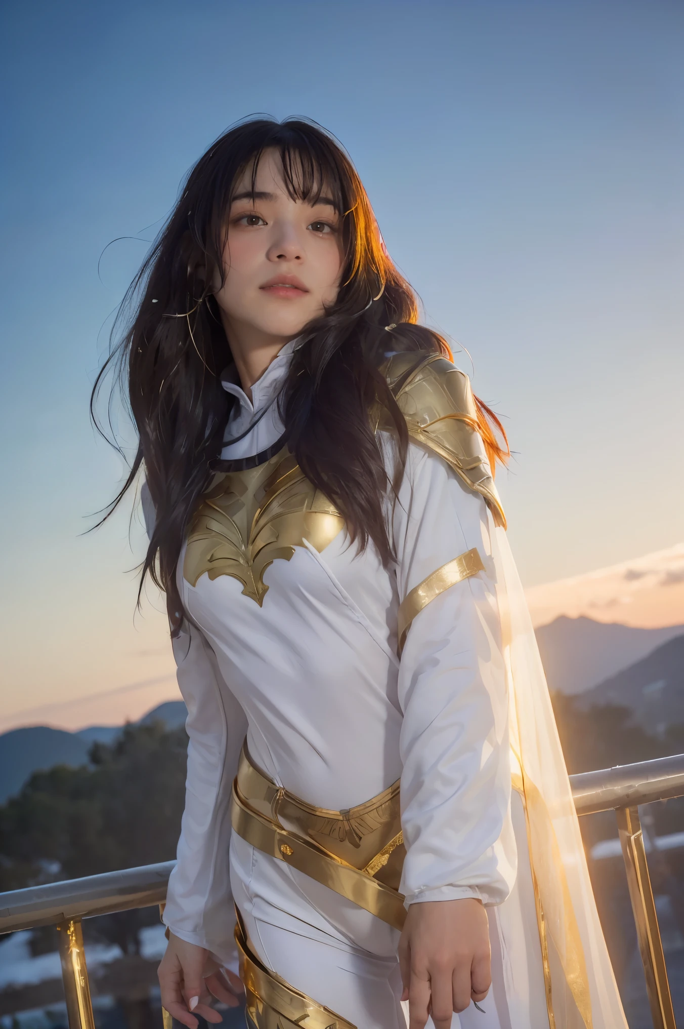 ((masterpiece, best quality, extremely detailed), volumetric lighting, ambient occlusion, colorful, glowing), 1girl, solo, young girl, (dark hair), long hair, ranger suit, hunter class dnd, cloak, (white outfit with gold detailst:1.3), armor, outdoors, sunset, sky, clouds, space, (fantasy theme:1.2),