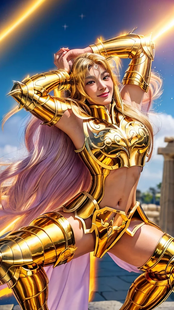 Beautiful Asian woman, expression, Long violet hair, (motion blur: 1.3), An extraordinarily beautiful face (Highly detailed and intricately designed golden armor.、Glittering gold、Saint Seiya Armor, sexy, Show off your sexy waistline, ((Show off a little sexy legs)), Perfectly defined muscles,  Blonde hair、Strong jaw, Ready for battle、Radiant aura、masterpiece、8k resolution、highest quality、Dynamic angle、cinematic lighting、Half body shot, Smile and cross your arms on the Athena temple, highly detailed