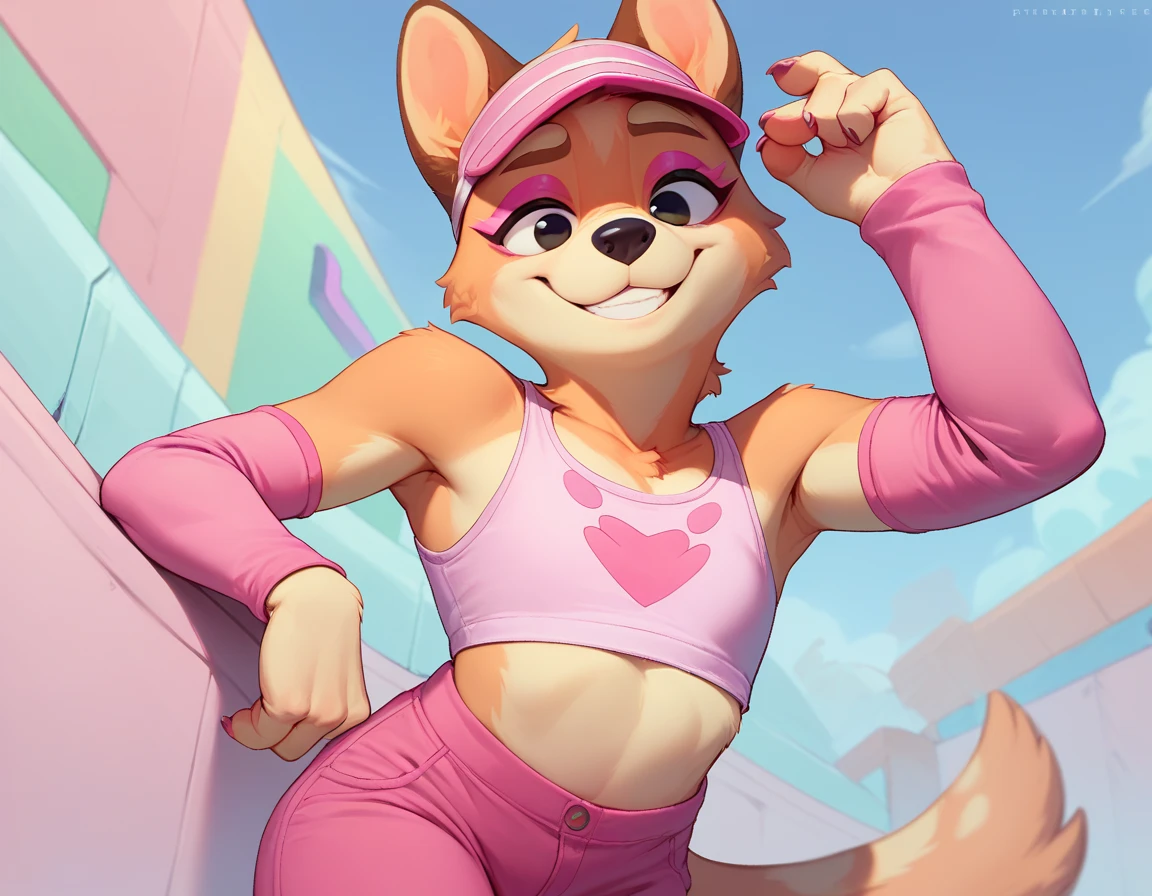 score_9, score_8_up, score_7_up, score_6_up,   chilliheeler, anthro, smile, nude, solo, flat colors, eye spot, pink crop top, pink pants, pink visor cap, pink arm sleeve, pink eyeshadow, black eye