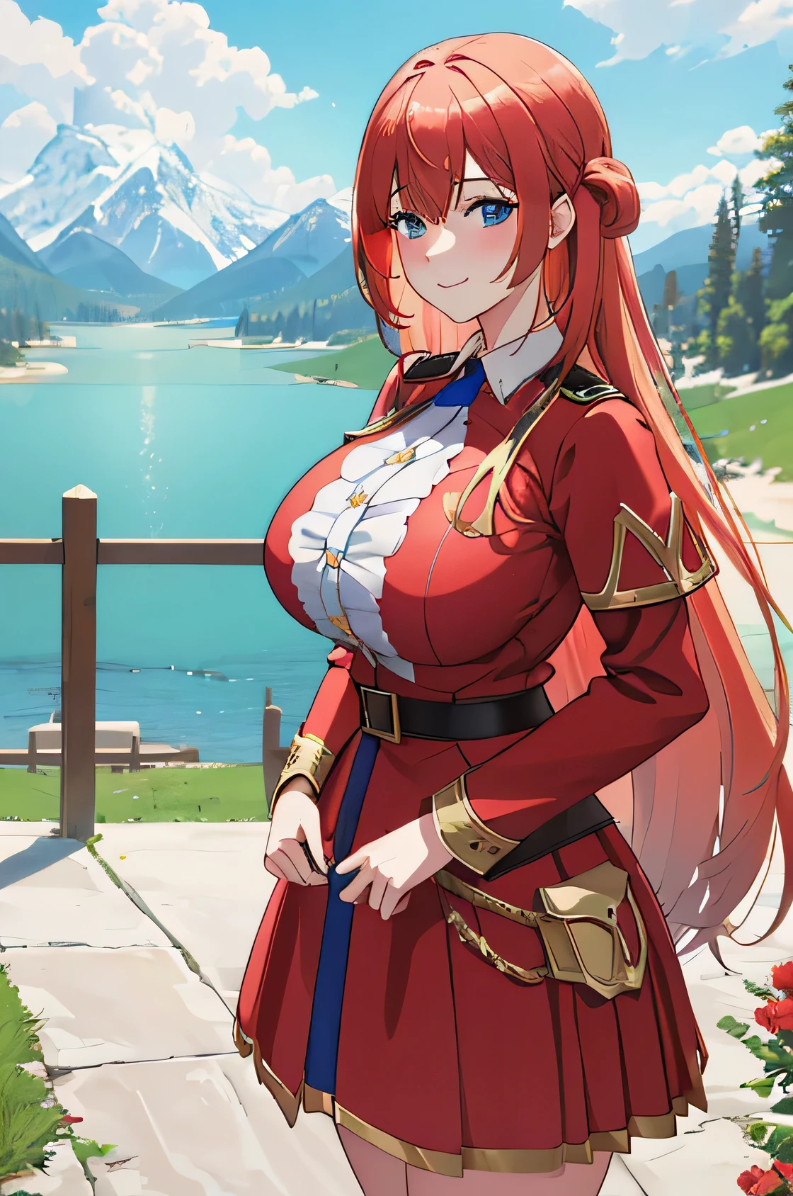 (Huge ), (red uniform), (nectie), busty,  masterpiece,  absurdres , ( intricate details), rubio, (young), (showy),  cinematic lighting,  Extremely detailed 8k unity CG wallpaper , Blue eyes, 1 girl, Alone, cowboy shot,  looking at the spectator, smile, outdoors, (mountain), lake, day, cloudy, wind,  Floating Hair ,  falling petals 