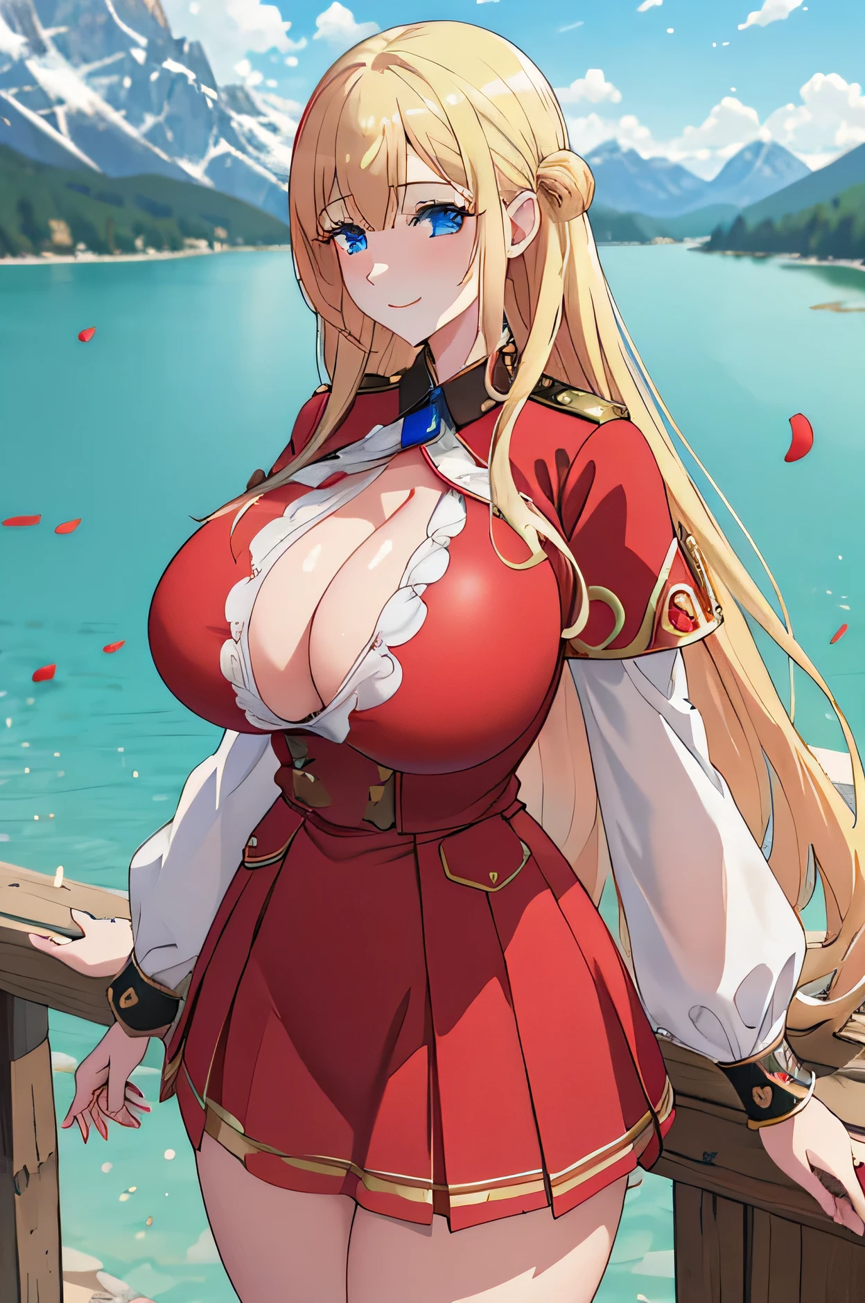 (Huge ), (red uniform), (nectie), busty,  masterpiece,  absurdres , ( intricate details), rubio, (young), (showy),  cinematic lighting,  Extremely detailed 8k unity CG wallpaper , Blue eyes, 1 girl, Alone, cowboy shot,  looking at the spectator, smile, outdoors, (mountain), lake, day, cloudy, wind,  Floating Hair ,  falling petals 