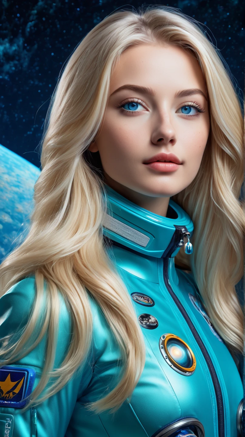 ultra-realistic,  An unrealistically beautiful blonde ,  with long hair ,  with ocean eyes  , transition from dark blue to turquoise , lively eyes , plump lips,  neat nose, blush,  European face type , gorgeous figure,  is wearing a tight space suit,  beautifully detailed , stands on the moon at full height,  in the background, space ,planets,galaxies,Milky Way,  Clear Detail , masterpiece, fantastic , unreal, ultra-realistic, 16K 