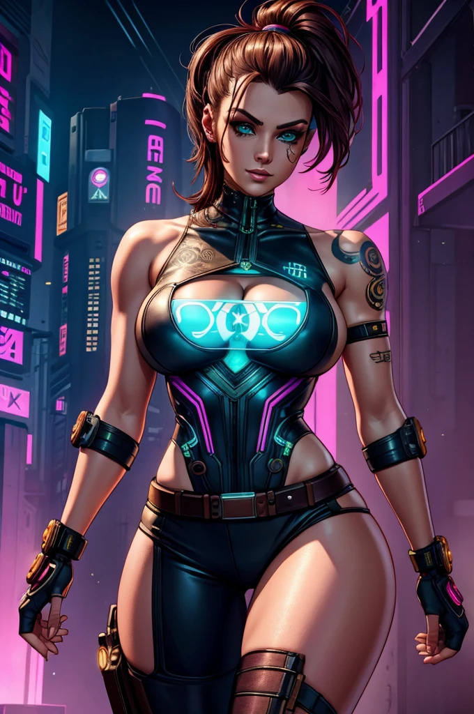 (((Cyberpunk))), ((20 years old girl)), (wearing cyberpunk tops : 1.4), (in a cyberpunk city), (night time), (((gigantic size breasts, cleavage))),(sexy), ((hourglass figure)), lipstick, photorealistic, masterpiece, realistic, realism, photorealism, high contrast, photorealistic, 8k HD high definition detailed realistic, detailed, skin texture, hyper detailed, realistic skin texture, best quality, (photorealistic:1.4), high resolution, detailed, raw photo, photo realistic, (high detailed skin:1.2), 8k uhd, dslr, soft lighting, high quality, film grain, Fujifilm XT3), hyper realistic lifelike texture dramatic lighting unreal engine, even, neutral light, key light, bold, bright colours, (dynamic lighting), (soft lighting), ((soft red lipstick)), (natural makeup), ((short ginger hair)), ((glossy skin)), (colorful lighting), (smile: 1.2), (showing her armpits : 1.4), (upper body shot)