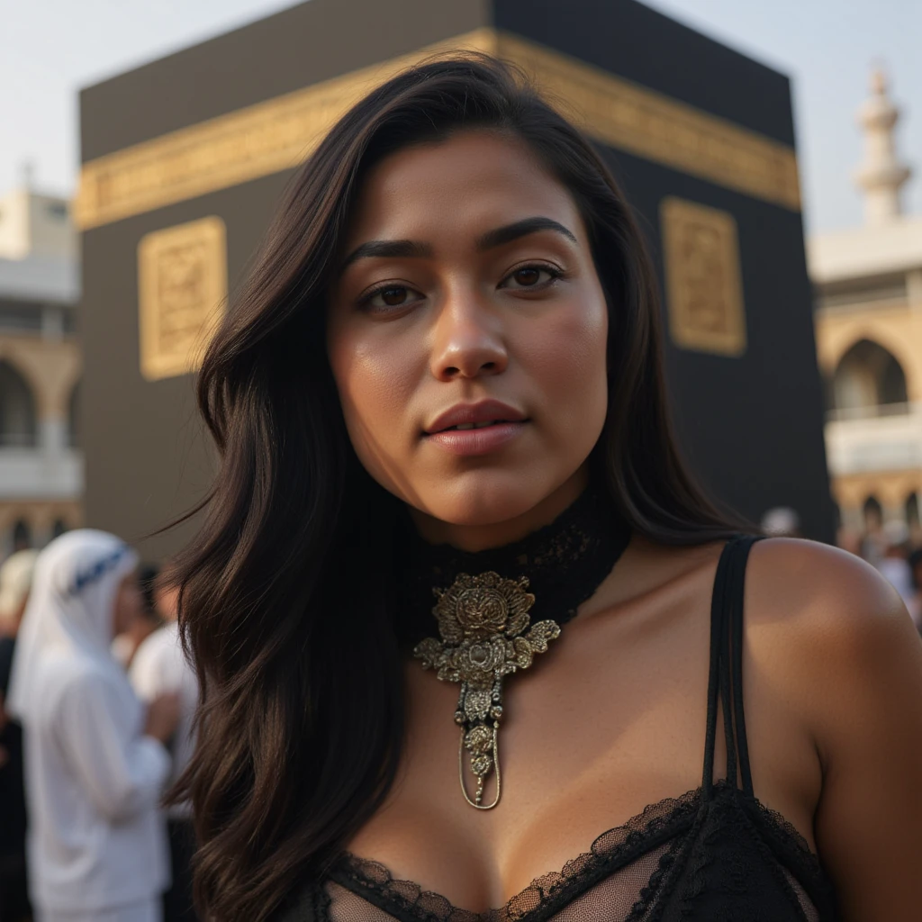 "Create an ultra-realistic of a curvy lady wearing a niqab in front of the Kaaba showcasing intricate details and textures of the body big tits big fat ass. in Very tight see-through sexy dress sexy fat curvy bodies , with a focus on the eyes and the subtle sexy expressions visible through the niqab, Full body perspective
