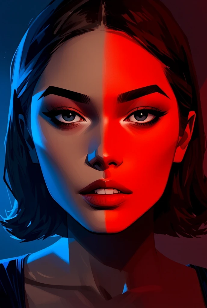 This is a digital art piece, likely created using advanced illustration techniques, featuring a stylized, high-definition painting of a woman's face. The image is bathed in a dramatic, moody lighting that splits the scene into two distinct color schemes: a cool blue light on the left side and a warm red light on the right.