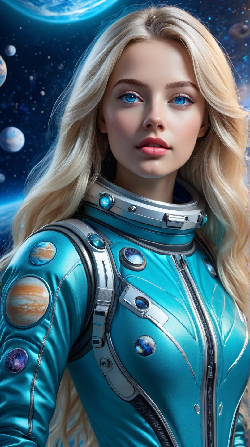 ultra-realistic,  An unrealistically beautiful blonde ,  with long hair ,  with ocean eyes  , transition from dark blue to turquoise , lively eyes , plump lips,  neat nose, blush,  European face type , gorgeous figure,  is wearing a tight space suit,  beautifully detailed , stands on the moon at full height,  in the background, space ,planets,galaxies,Milky Way,  Clear Detail , masterpiece, fantastic , unreal, ultra-realistic, 16K 