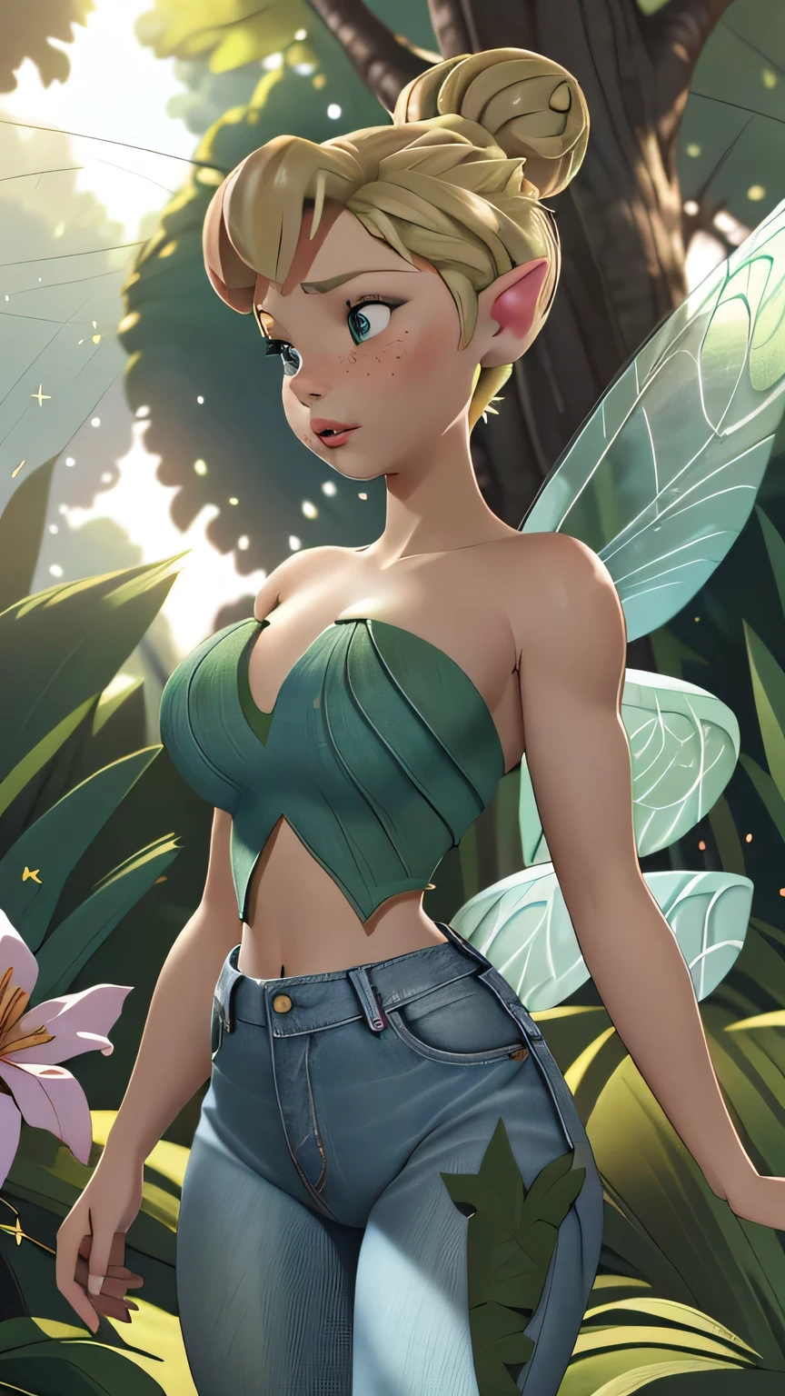 1girl in, 18, Tinkerbell Waifu, photo of perfect woman, miniature ferry, Solo, (miniature girl and a huge world: 1.2), Aesthetic artwork, (single bun, short hair, Short blonde hair in the bun:1.25), (some small freckles, pale skin, large breasts, DD-cup, runners body, very thin waist, skinny, petite, detailed skin texture), (fairy wings, big fairy wings, fairy ears: 1.33), (wearing green strapless tube top, tight denim jeans: 1.5), (standing in a park, godrays shining down through the trees, seductive eyes, glossy lips, focus on breasts:1.2), (surrounded by huge flowers and trees, tiny girl surrounded by giant objects, detailed outdoor park:1.3), (extremely detailed 8k wallpaper), soft lighting, high quality, film grain, Fujifilm XT3 sharp focus, f 5.6, 50mm, High Detail, Sharp focus,(natural light), crazy details, complex details, hyper detailed. (cowboy photo:1.2), light particles, sfw