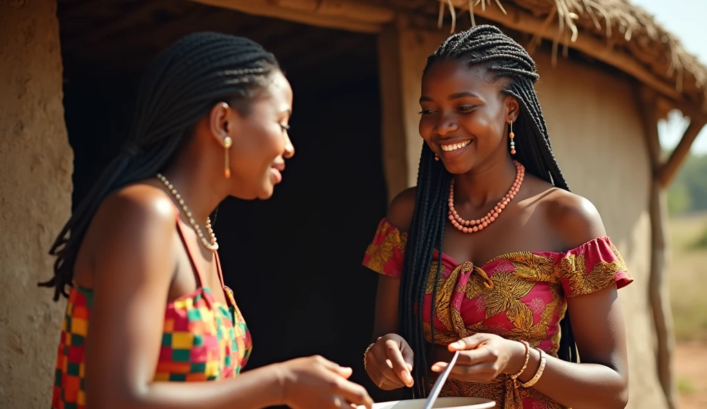 Create an image of a typical Haitian house gallery, ou habite mama. ATABEY couturière du quartier ou tout le voisinage vient faire coudre leurs tissus. Deux voisines qui ramènent leurs tissus pour faire coudre, takes the opportunity to tell about their private life. Elles sonts joyeuses. Colorful frame