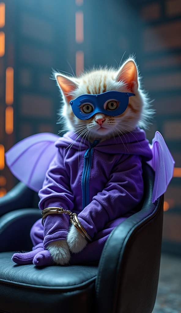 Imagine the superhero kitten wearing purple suit with transparent wings and blue mask handcuffed to a chair in an alien spaceship, Alien leader speaking to him