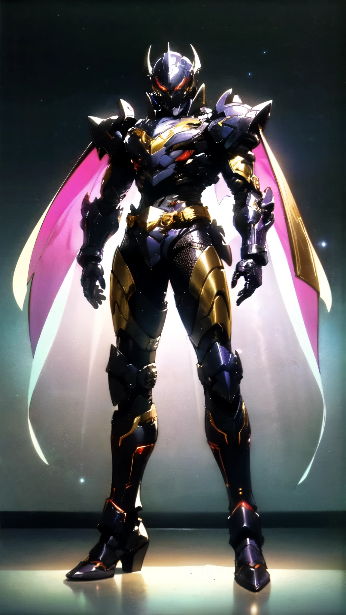 (masterpiece:1.5, best quality:1.5, extremely delicate:1.5), ((male:1.5)), a man wearing a full-face helmet, high-tech biomimetic armored combat suit, (a composite layered chest armor), the design balances heavy with agility, fully enclosed shoulder guards, matching arm and leg guards, a belt of gemstone, (the color scheme is primarily Red with Purple and Yellow accents, Organic Biotech, Concept Inspired by Vampire, glowing eyes, armor glows, huge cloak like devil wings), stand of a futuristic sci-fi city, this character embodies a finely crafted fantasy-style armored hero in anime style, exquisite and mature art style, metallic, high definition, highres, ultra-detailed, ultra-fine painting, professional, perfect body proportions, golden ratio, anatomically correct, symmetrical face, extremely detailed eyes and face, high quality eyes, creativity, RAW photo, UHD, 32k, Natural light, cinematic lighting, (masterpiece-anatomy-perfect:1.2)