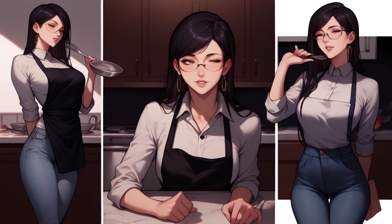 A beautiful woman, long hear, wearing a formal shirt, kitchen apron and jeans, facial expressions, manga, comic, manhwa style 