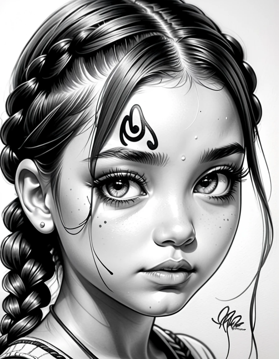  in detail,  high quality ,  top quality ,  hyperrealistic ,  graffiti style sketches, lines and outlines of people , cute young girl,  Girl with braids ,  long lashes,  Innocent facial expressions , masterpiece