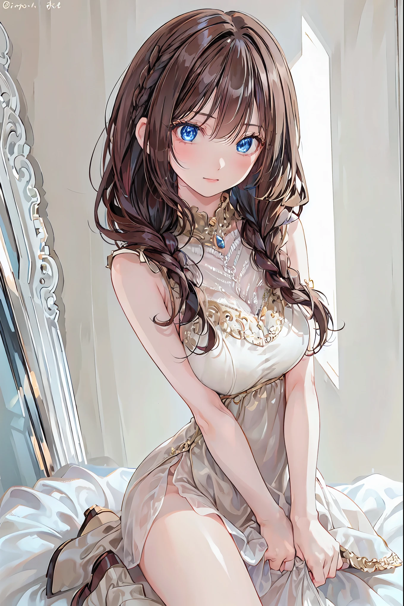 ( top quality:1.2, very detailed, high detail, Digital coloring, high contrast from the front of the light , Masterpiece :1.2, top quality, best aesthetics), Beautiful Fine Details, (( detailed eyes )), Beautiful Lip Details, very detailed目と顔, has long eyelashes, ( one girl), close-up shot, Portraiture, Lying in Bed , soft lighting , achromatic , Graceful Posture, calm expression, Long straight hair.、 brown hair, shortcuts, tousled hair, short braided hair ,Neat, Slender and beautiful,Correct posture, small breasts, beautiful legs, THEIR Fascinating Grayish Blue Eyes Shine Like Stars ,Droopy eyes, bright color, beautiful eyes ,A delicate smile,textured skin, BEST QUALITY BEST , A parody of a gentle and beautiful woman , anime style、