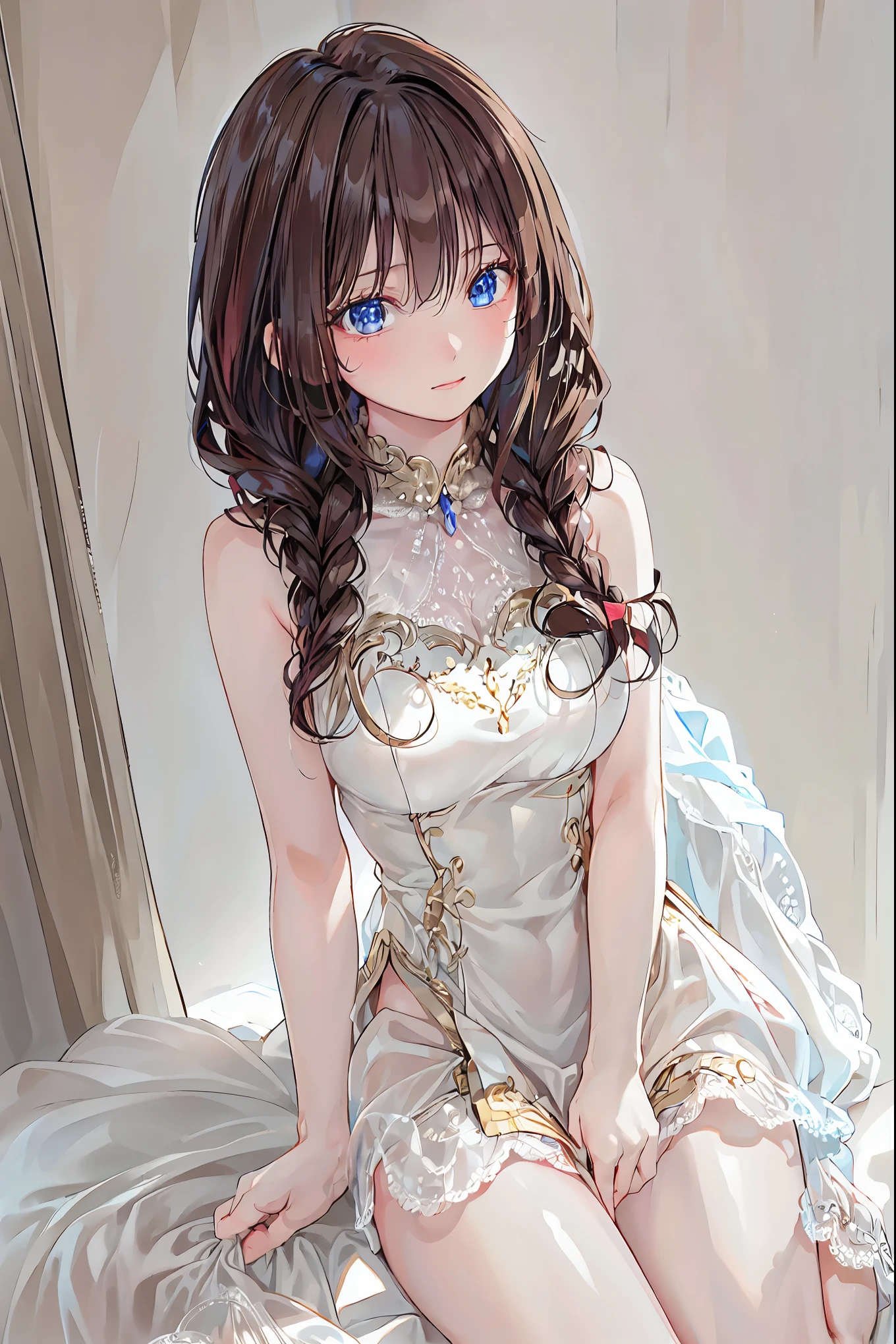 ( top quality:1.2, very detailed, high detail, Digital coloring, high contrast from the front of the light , Masterpiece :1.2, top quality, best aesthetics), Beautiful Fine Details, (( detailed eyes )), Beautiful Lip Details, very detailed目と顔, has long eyelashes, ( one girl), close-up shot, Portraiture, Lying in Bed , soft lighting , achromatic , Graceful Posture, calm expression, Long straight hair.、 brown hair, shortcuts, tousled hair, short braided hair ,Neat, Slender and beautiful,Correct posture, small breasts, beautiful legs, THEIR Fascinating Grayish Blue Eyes Shine Like Stars ,Droopy eyes, bright color, beautiful eyes ,A delicate smile,textured skin, BEST QUALITY BEST , A parody of a gentle and beautiful woman , anime style、