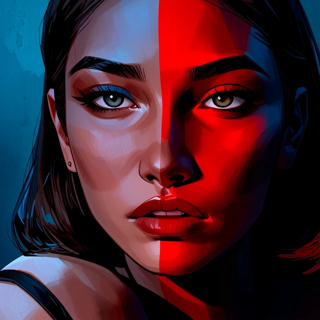 This is a digital art piece, likely created using advanced illustration techniques, featuring a stylized, high-definition painting of a woman's face. The image is bathed in a dramatic, moody lighting that splits the scene into two distinct color schemes: a cool blue light on the left side and a warm red light on the right.