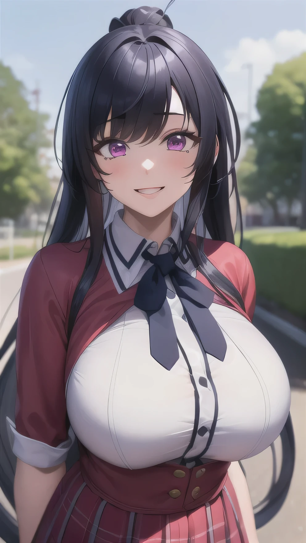  The best quality ,  masterpiece, 1 girl, (Alone:1.1),  ray tracing , ultra detailed, detailed face ,  8K wallpaper , caderas anchas, smile, HimejimaakenonDV , 1 girl,  black hair,  big breasts,  very long hair ,  purple eyes, red skirt,  school uniform, shirt, corset, collect, hair Love, Love, outdoor, 