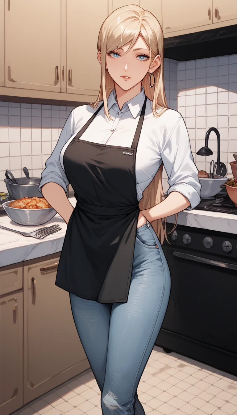 A beautiful woman, long hear, wearing a formal shirt, kitchen apron and jeans, manga, comic, manhwa style 