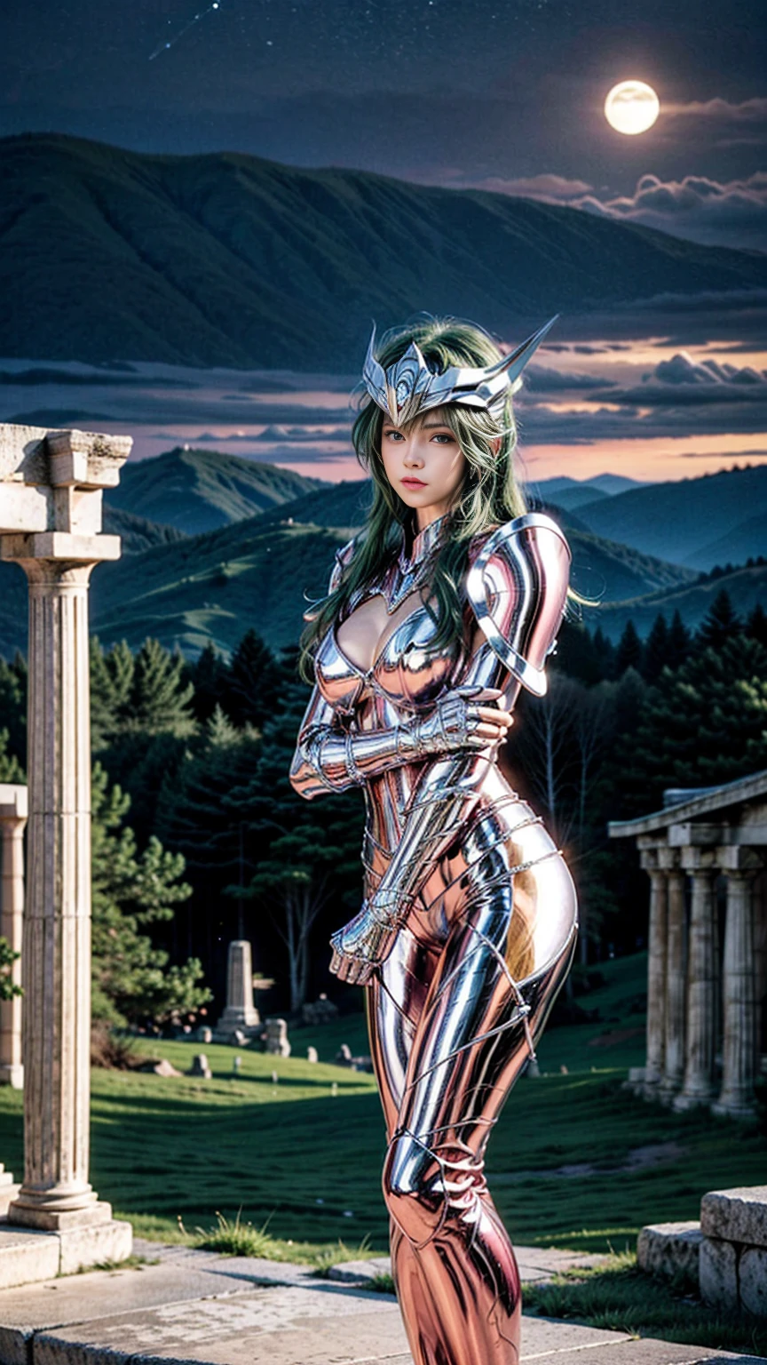 masterpiece, best quality, 超high resolution, Lifelike skin texture, armature, lifelike, high resolution, original photo, shiny skin, Lifelike skin texture, best lighting, spark, dramatic lighting, dynamic poses,  blue sky, 1 girl, balanced eyes, Andromeda Shun, pink armor, chest, split, Green hair, Pink helmet, blue eyes, looking at the audience, huge boobs, faint smile, chain, athena temple, mountain, highly detailed background, night, moonlight, full body