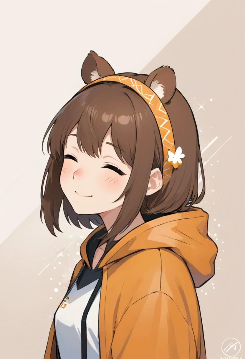 PORTRAIT OF A GIRL,1GIRL, illustration-style,modern, striking composition,sleek lines, unique pattern,abstract elements,geometric shapes,GEOMETRIC LOGO, , , expressive strokes , ,ANIMAL EARS, ANIMAL NOISE,CAPYBARA EARS, ANIMAL NOISE,ANIMAL headwear,SMILE, HALF CLOSE EYES, BROWN AND WHITE ANIMAL EARS,BROWN HAIR,((SILHOUETTE:1)),SIDE VIEW,FANTASY,(EPIC), SPARKS,VIBRANT, KEMONOMIMI,CUTE, (CAPYBARA NOSE),ANIMAL NOSE,ANIMAL HOOD,