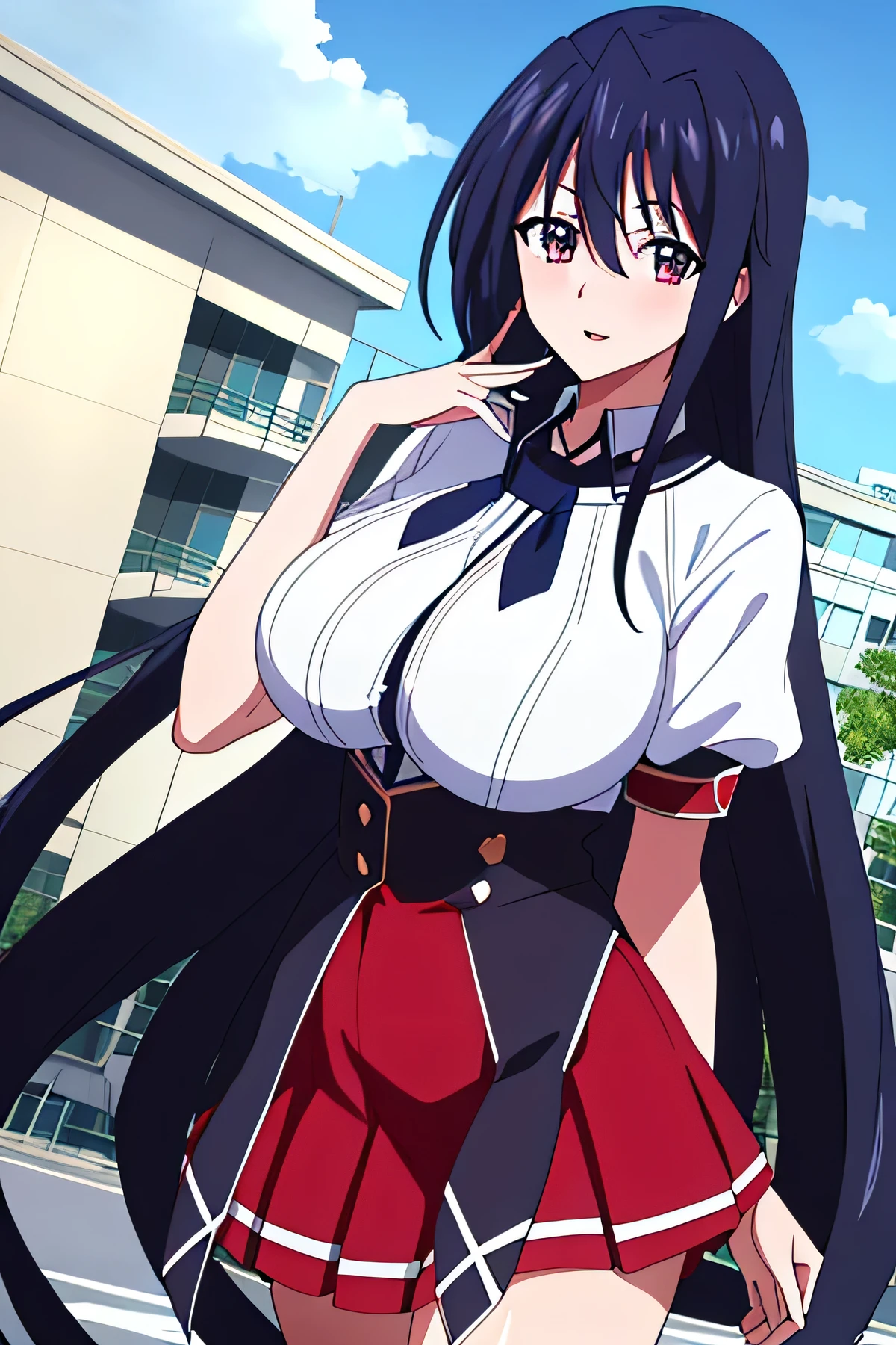 (day), in the campus,blue sky with clouds, 
( Upright and immovable posture ),
negro_cable,negro neckwear, white shirt,_manga, sailor_neck,red pleated skirt,,
negro hair, pink look like, とても長いhair,hair_between_look like,collect, color _hair_Love,
 a girl, 20 years,young,beautiful Finger,beautiful long legs,beautiful  Body,beautiful Nose,beautiful character design, perfect look like, perfect face,expressive look like,
see viewer,( top _ Body),(Focus on her face),
 Arte oficial , Unity 8K HD CG wallpaper, lightning perfecta,showy,  round_forehead_rostro_lightning,piel  round, 
( masterpiece:1.0),(higher_quality:1.0), 超 High resolution,4k, super detailed ,
 photograph, 8K,  High resolution,  High resolution, absurd:1.2, Kodak Portrait 400, Film grain,  blurry background , bokeh:1.2, lens flare, (vibrant_color:1.2)
(beautiful,big_chest:1.4), (beautiful_rostro:1.5),(narrow_waist),