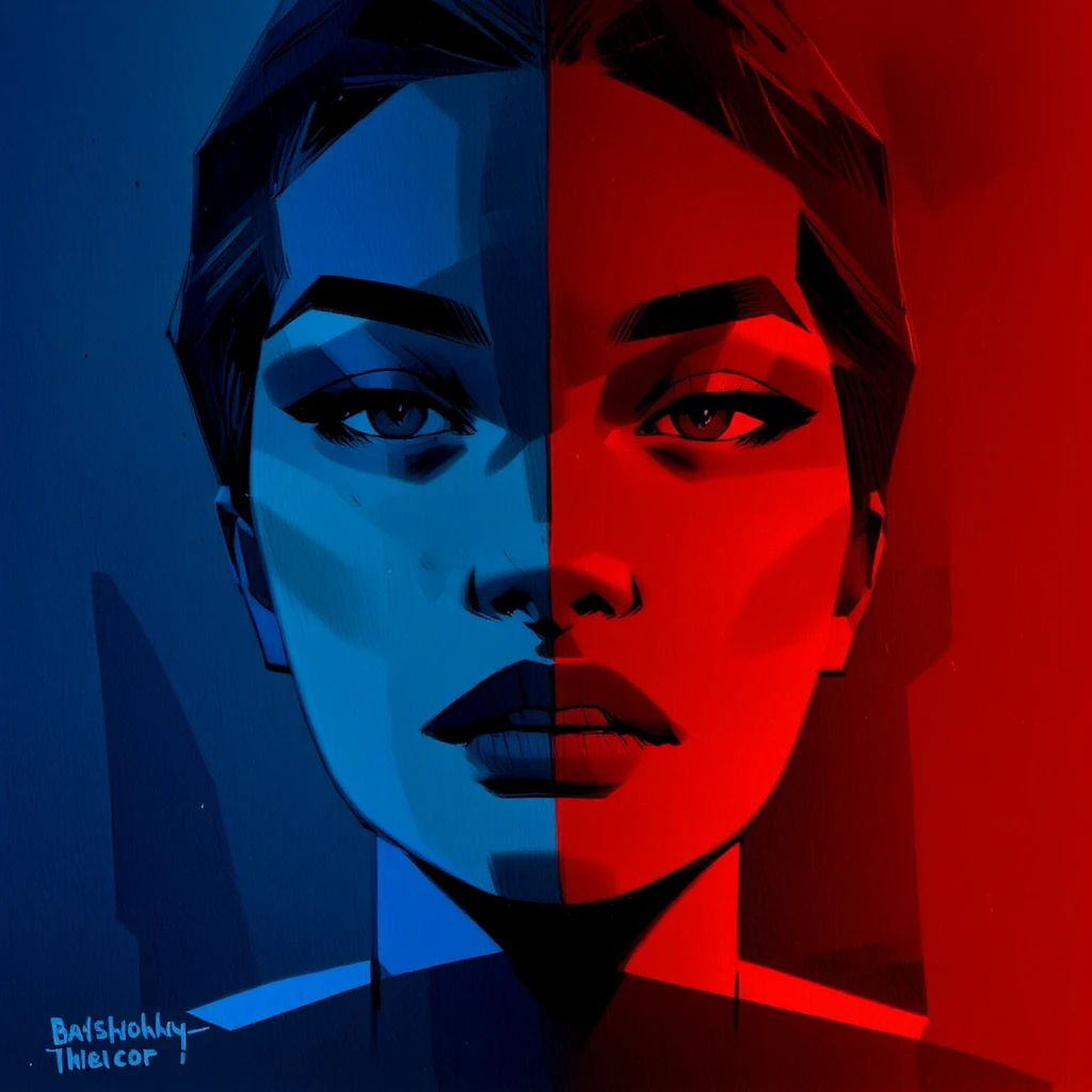 This is a digital art piece, likely created using advanced illustration techniques, featuring a stylized, high-definition painting of a woman's face. The image is bathed in a dramatic, moody lighting that splits the scene into two distinct color schemes: a cool blue light on the left side and a warm red light on the right.