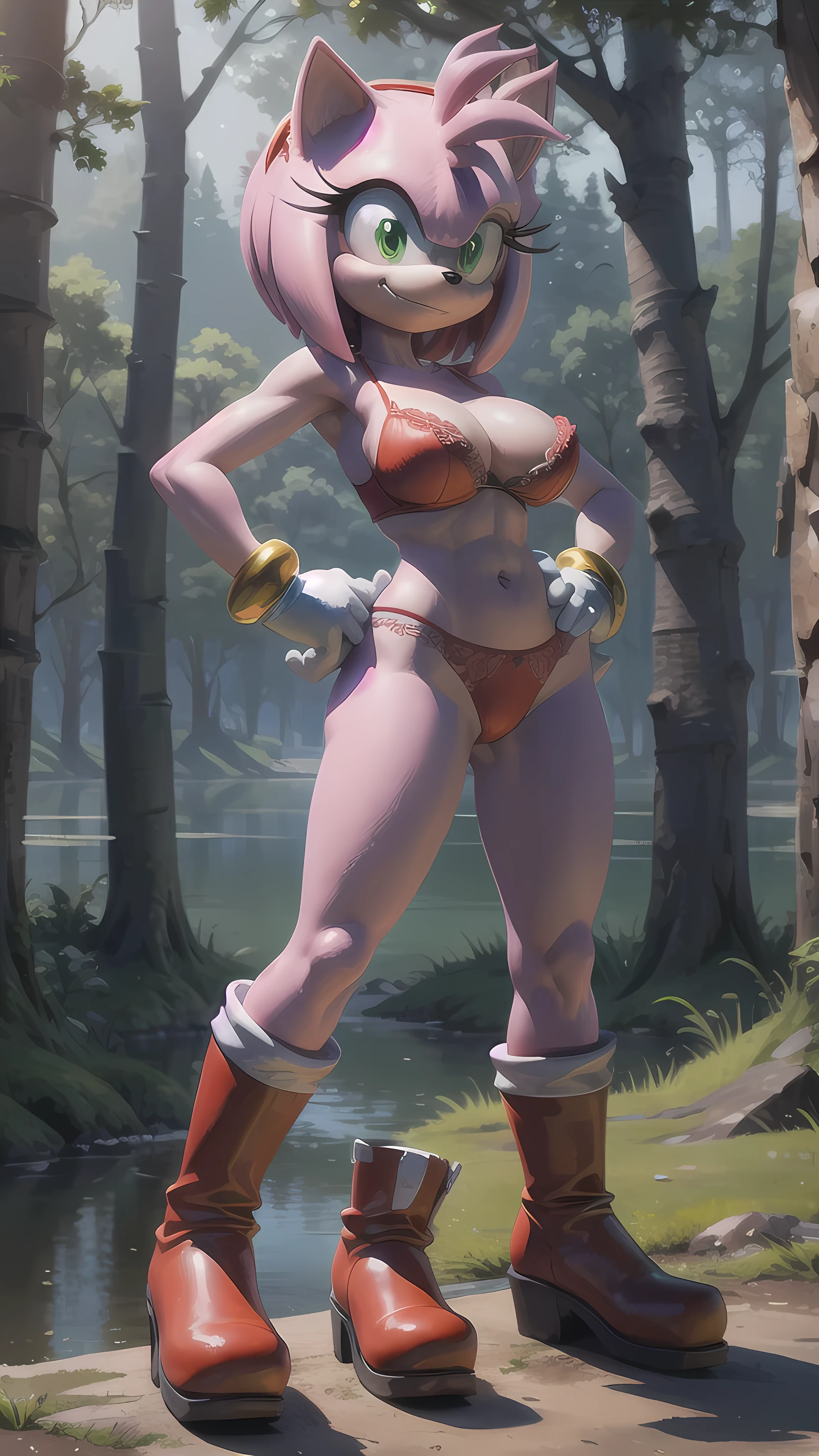 Amy_Rose, furry, pink skin, red lingerie, gloves, green eyes, looking at viewer, serious, smirk, smiling, 
standing, hands on hips, outside, forest, lake, natural lighting, extreme detail, masterpiece,  huge tits, dynamic background, dynamic pose