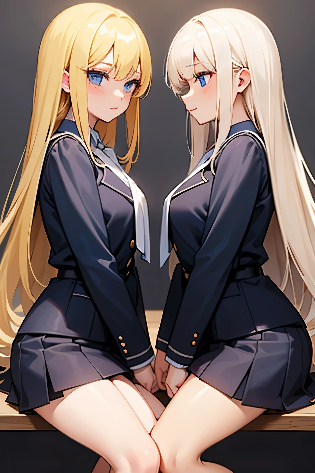 BREAK Perfect Anatomy、(High resolution:1.2)、Incredible illustrations、(Cute illustrations:1.2),(yuri,multiple views,)(Beautiful background,)(from below,dutch angle) 2gial(((blonde hair,shiny hair,hair intakes:1.8,long hair)(doyagao)(Black coat,ゴシック・ロリータ風Combat Uniform,SILKthong,garter straps,Eye patch:1.5),(a girl, ,height 1.7meters, 40kg),,17-year-old,flat chest))((gradient grey hair,shiny hair,hair intakes:1.4,long hair:1.5,Dark Skin:1.6)(Black coat,Combat Uniform,SILKthong,slut,garter straps,Eye patch),(a girl,flat chest,1.5meters, 40kg),,17-year-old,flat chest)) Cosplayer surrounded by people
