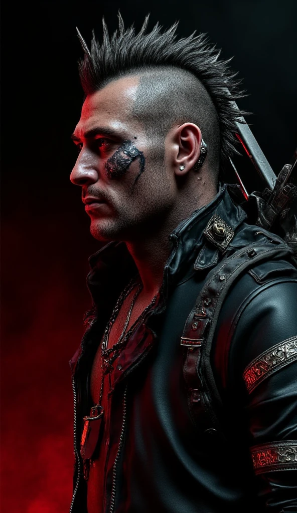 Prompt: (masterpiece)+, (extremely (realistic)+,a portrait of an extremely ugly Massive nazi-satanist post-apocalyptic raider punk. bad skin, dirty skin, scars and bruises, warpaint, dressed in a black leather jacket over bare chest and raider gear, makeshift outfit. Mad max. Raider. evil grin. Crazy stare. Front photo. Looking in camera. volumetrics dtx, Photorealistic, ultra detailed, Artstation trending, very very detailed, realistic shaded lighting, dynamic shadows, detailed Night riot streets background, upper body, professional photograph of a detailed skin, sharp focus, dramatic, award winning, cinematic lighting, octane render, unreal engine, volumetrics dtx, Photorealistic, ultra detailed, Artstation trending, very very detailed, hyperrealistic, fine details, realistic shaded lighting, dynamic shadows, Night riot streets background, add_detail:1, skin pores and wrinkles, details.,More Reasonable Details