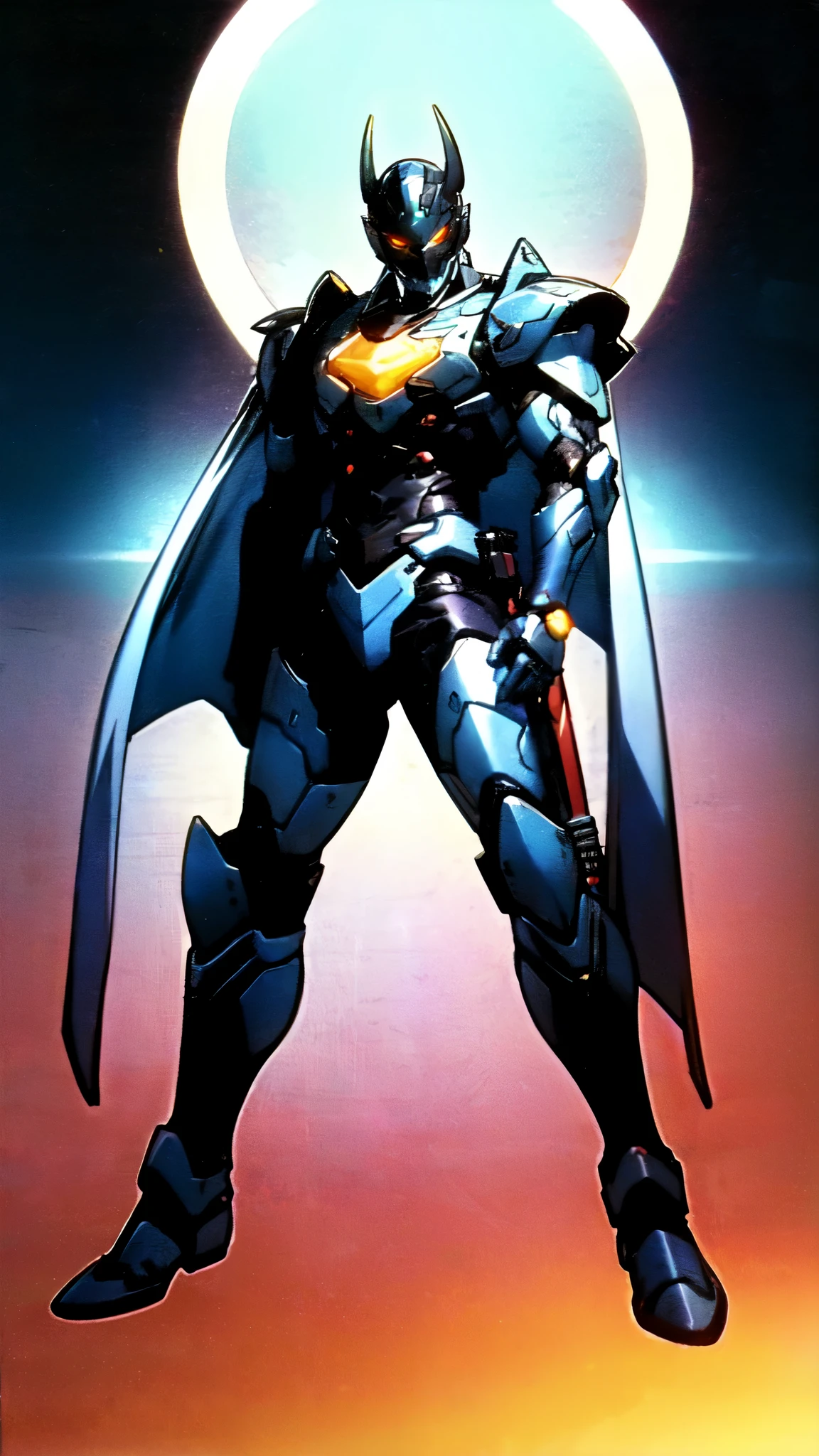 (masterpiece:1.5, best quality:1.5, extremely delicate:1.5), ((male:1.5)), a man wearing a full-face helmet, high-tech biomimetic armored combat suit, (a composite layered chest armor), the design balances heavy with agility, fully enclosed shoulder guards, matching arm and leg guards, a belt of gemstone, (the color scheme is primarily Red with Purple and Yellow accents, Organic Biotech, Concept Inspired by Vampire, glowing eyes, armor glows, huge cloak like devil wings), stand of a futuristic sci-fi city, this character embodies a finely crafted fantasy-style armored hero in anime style, exquisite and mature art style, metallic, high definition, highres, ultra-detailed, ultra-fine painting, professional, perfect body proportions, golden ratio, anatomically correct, symmetrical face, extremely detailed eyes and face, high quality eyes, creativity, RAW photo, UHD, 32k, Natural light, cinematic lighting, (masterpiece-anatomy-perfect:1.2)