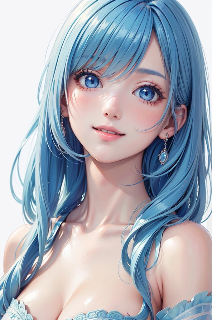 (masterpiece:1.4, best quality), (intricate details), unity 8k wallpaper, ultra detailed, beautiful and aesthetic, perfect lighting, (1girl), (blue hair, blue eyes, medium breasts),, dynamic pose, dynamic angle,  lipstick, slim, slim body, medium breasts, , detailed background, realistic, solo, perfect detailed face, detailed eyes, highly detailed, blush, hair ornament, rolling_eyes, cross-eyed,露出乳房，全身显示，全身显示，巨大的胸部、露出乳房，全身显示，全身显示，巨大的胸部、

