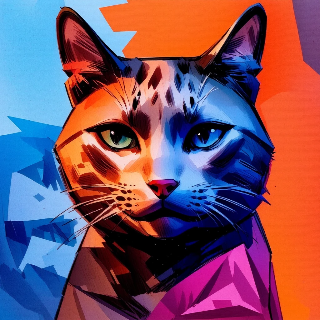 An artistic portrait of a cat with vibrant and dynamic colors like blue, pink, orange, and purple, blending harmoniously to create a visually striking composition. The background features an abstract, textured style with gradients and soft brushstrokes, complementing the cat's fur. The focus is on the cat's expressive eyes, which shine brightly and draw attention, adding depth and emotion. The overall artwork reflects a modern and impressionistic approach, emphasizing vivid colors and textures to evoke creativity and warmth.