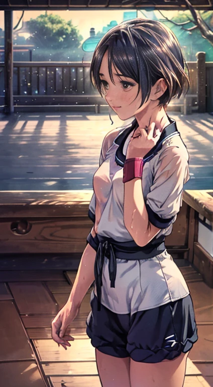 One lady,12year old,japanes,,Upper body portrait,A dark-haired,Beautiful ponytail,Wet with sweat,Serious look,Clothes are wet,