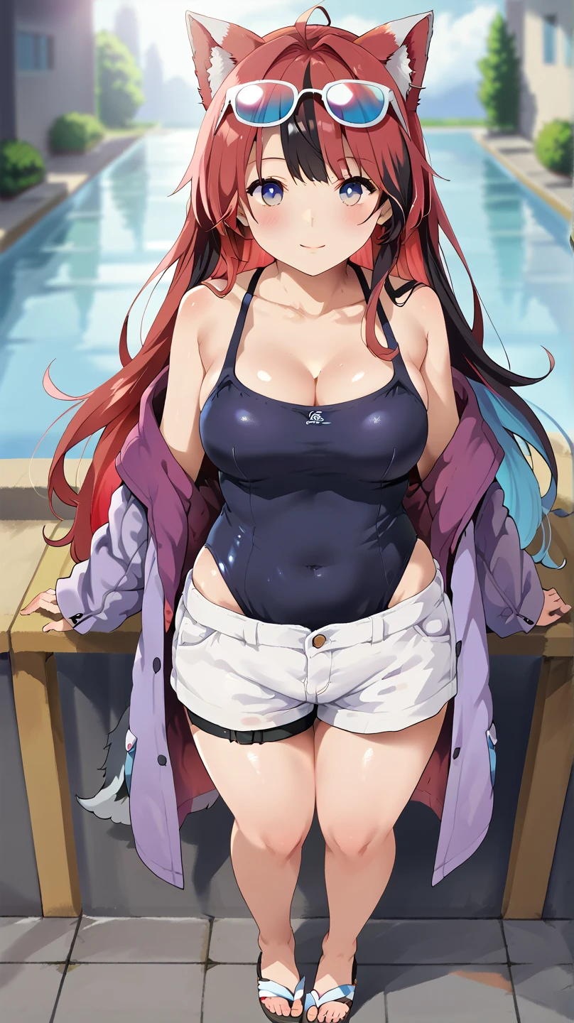 masterpiece, best quality, absurdres, perfect antomy, houshouBikini, 1girl, solo, heterochromia, red eyes, yellow eyes, ponytail, long hair, jewelry, baseball cap, sunglasses, eyewear on headwear, black jacket, open jacket, white shorts, short shorts, red bikini, string bikini, o-ring thigh strap, standing, smile