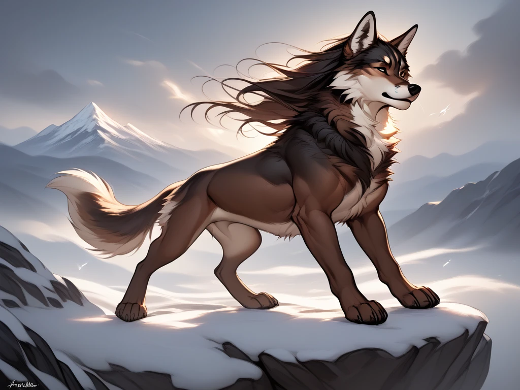 Create a highly detailed line art drawing of a majestic wolf standing on a rocky mountain. The wolf has a thick, flowing mane with visible fur texture, and its eyes are intense and focused. The background should include a cloudy sky with dramatic lighting, with some mountains in the distance. The wolf's body is muscular and well-defined, with its tail flowing in the wind. Add intricate details in the fur to give it a sense of realism. The lines should be clean, sharp, and bold, with a focus on depth and contrast. The image should be in black and white, with no shading, just the outlines that will allow for easy coloring later